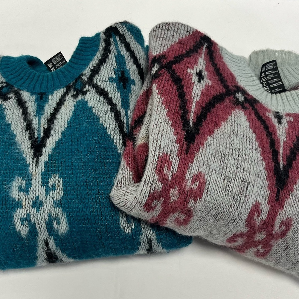 Cozy Teal and Pink Patterned Sweaters